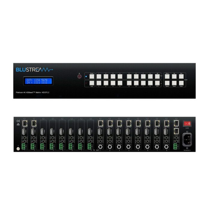 Blustream 8x8 HDBaseT AV Matrix - 100m (4K up to 70m), Bi-directional IR, PoH (PoE), Simultaneous HDMI Outputs, Audio Breakout, ARC enabled Blustream 8x8 HDBaseT AV Matrix - 100m (4K up to 70m), Bi-directional IR, PoH (PoE), Simultaneous HDMI Outputs, Audio Breakout, ARC enabled